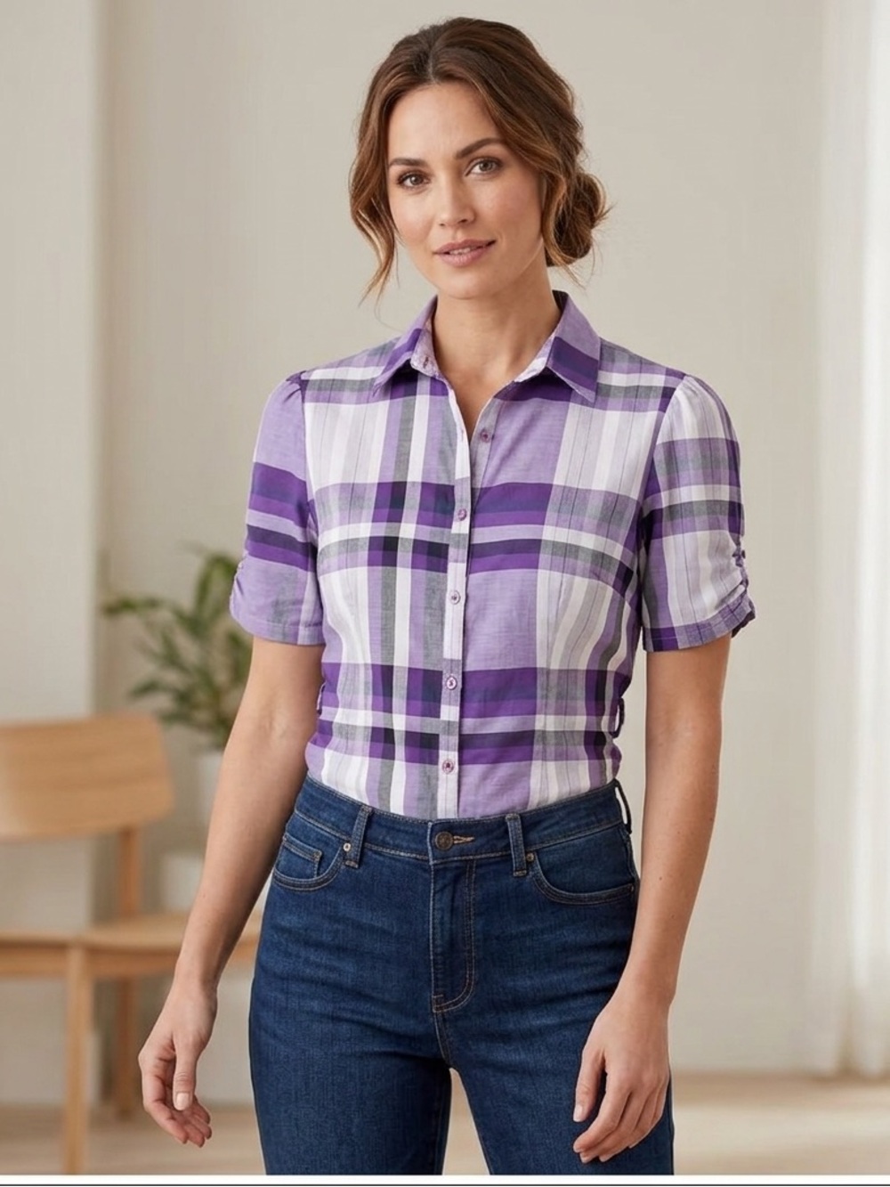 Sherry Taylor Checked Plaid Button Up Top L Classic casual Women’s summer shirt